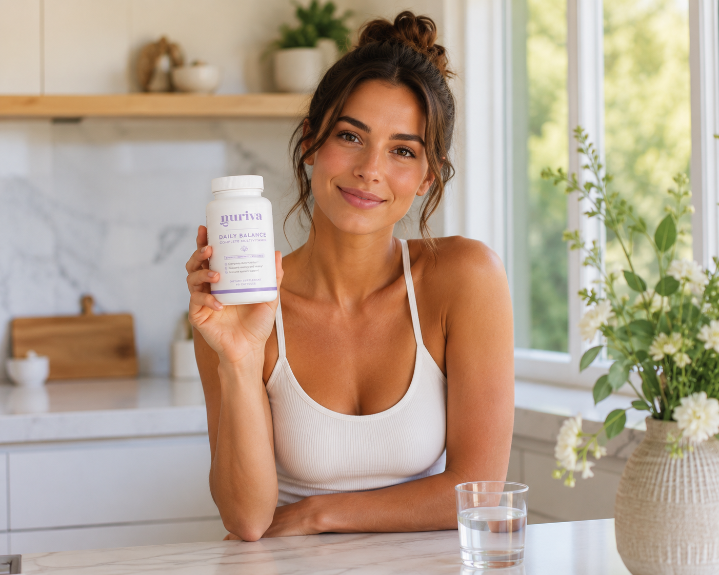 Woman holding Nuriva Daily Balance supplement in a bright kitchen